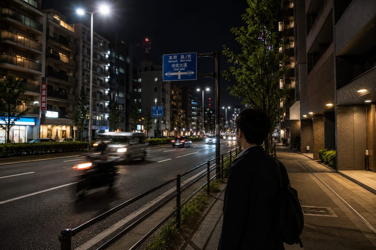 大通り沿いの賃貸マンション周辺で夜間の交通状況を確認するイメージ