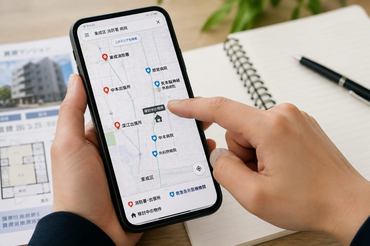 スマートフォンの地図で消防署や病院と賃貸物件の位置関係を確認するイメージ
