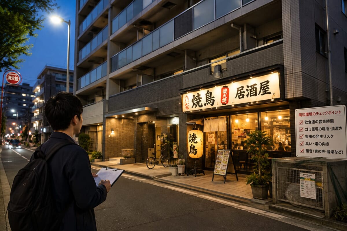 1階に飲食店が入る賃貸マンションの周辺環境を確認するイメージ